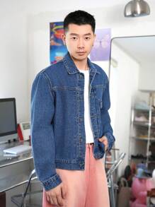 Manfinity Homme 男士海军蓝复古水洗宽松休闲夹克 - 深色水洗藍 - 查看 4