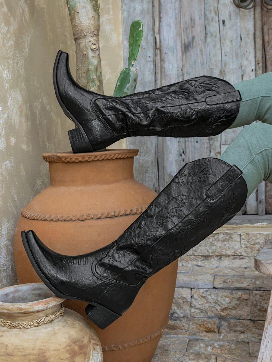 Styleloop Women's Black Pointed Toe Knee-High Western Boots Fall - Black - View 1