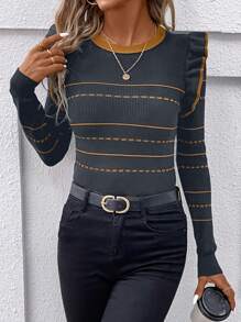 SHEIN Clasi Jersey de cuello redondo de manga larga con rayas y adornos de volantes para mujer, apto para otoño e invierno, blusas de manga larga