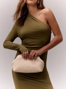 MUSERA 单袖褶皱修身长款连衣裙，优雅度假春夏长裙，适合复活节、婚礼、毕业典礼、舞会等场合。 - 軍綠色 - 查看 5