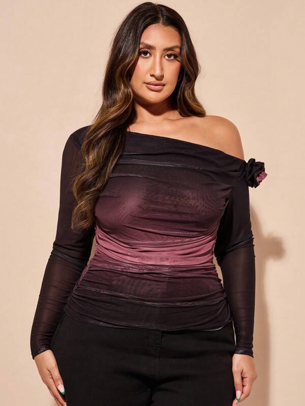 SHEIN BAE Plus Size Elegant Sweet Date Asymmetrical One Shoulder Purple Gradient Full Body Mesh Print 3d Floral Decoration Long Sleeve T-Shirt Top