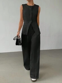 SHEIN EZwear 2 件套女士夏季休闲亚麻背心和裤子套装 - 黑色 - 查看 5