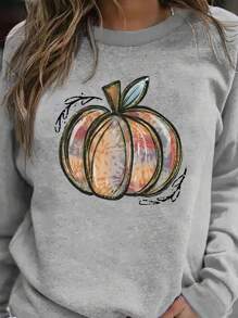 SHEIN LUNE Plus Size Women's Pumpkin Print Long Sleeve Casual Round Neck Sweatshirt Top, Fall/Winter Graduation,Back To School Outfits,Graduation,Teacher Outfits For Women,Back To School - Grey - View 4