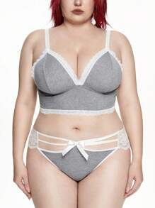 ROMWE Kawaii Plus Size Women Wireless Lace Bow Decor Lingerie Set - Grey - View 4
