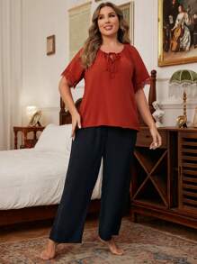 大码透气舒适冰丝皱褶撞色蕾丝休闲经典宽松短袖和裤子套装 - 彩色 - 查看 6