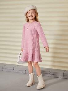 SHEIN 年轻女孩加垫纹理提花针织连衣裙，适合秋冬季节休闲日常穿着 - 粉色 - 查看 7