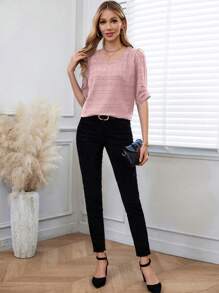 EMERY ROSE Blouse casual à manches bouffantes et col en V unie pour femmes, été - Rose pâle - Voir 3
