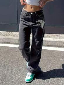 女士修身刺绣黑色直筒裤 休闲春季款 - 黑色 - 查看 6