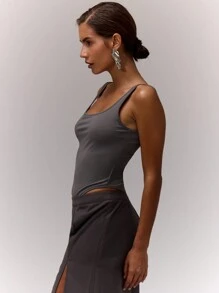 MUSERA Square Neck Thong Tank Bodysuit Casual Summer Vacation  Evening Spring - Grey - View 3