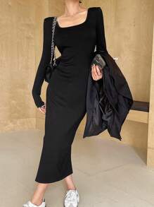 DAZY Vestido largo sencillo de cuello cuadrado negro para mujer en otoño - Negro - Ver 6