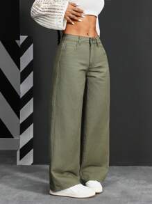 SHEIN PETITE 女式宽松阔腿口袋休闲牛仔裤 - 綠色 - 查看 7