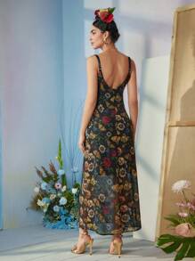 Frida Kahlo X SHEIN X Designer VERO DIAZ Floral & Butterfly Print Ruched Front Cami Dress, Summer, Holiday, Party, Thanksgiving, Birthday Outfits, Festival