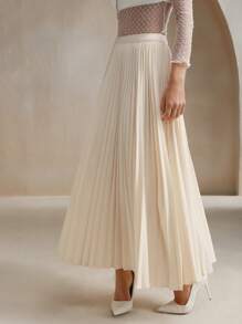 Anewsta Falda plisada elegante de unicolor para mujer - Beis - Ver 5