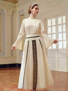 ZEYLAH 纯色褶饰立领褶皱喇叭袖衬衫 - 杏色 - 查看 9