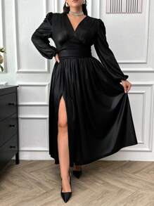 EURMUSE Plus Two Tone Wrap Evening Dress - Black - View 3