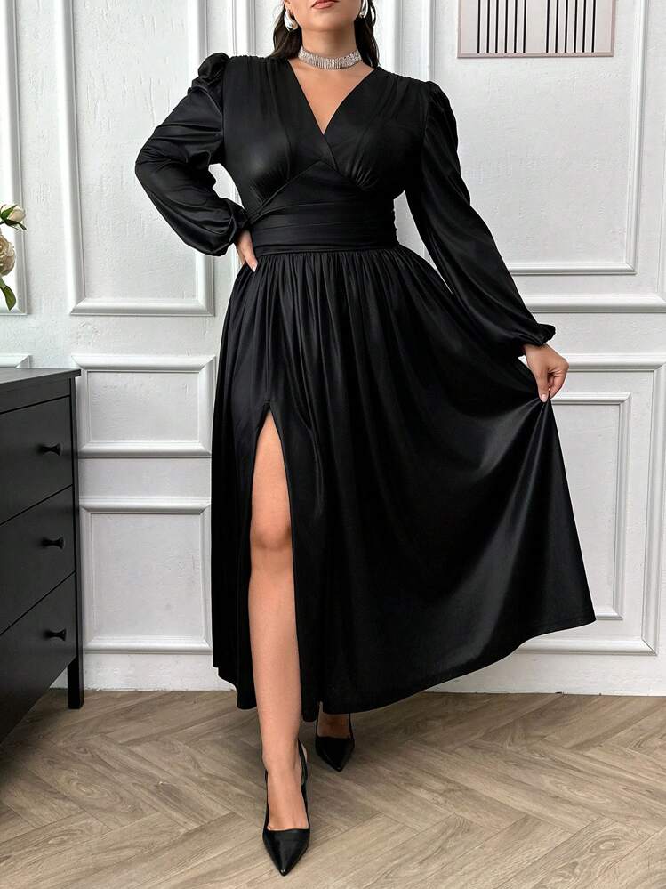 EURMUSE Plus Two Tone Wrap Evening Dress - Black - View 3