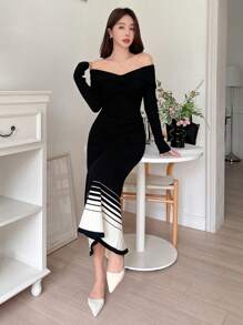 DAZY Váy len ôm dáng dài tay ombre cho nữ, hở vai mùa thu/đông - màu đen - Xem 7