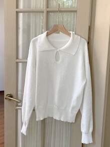 DAZY Women's Hollow Out Drop Shoulder Solid Casual Pullover Collar Sweater,Fall Clothes - White - View 3