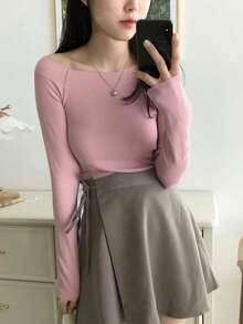 DAZY Women Solid Color Off-Shoulder Long Sleeve T-Shirt - Grey - View 6
