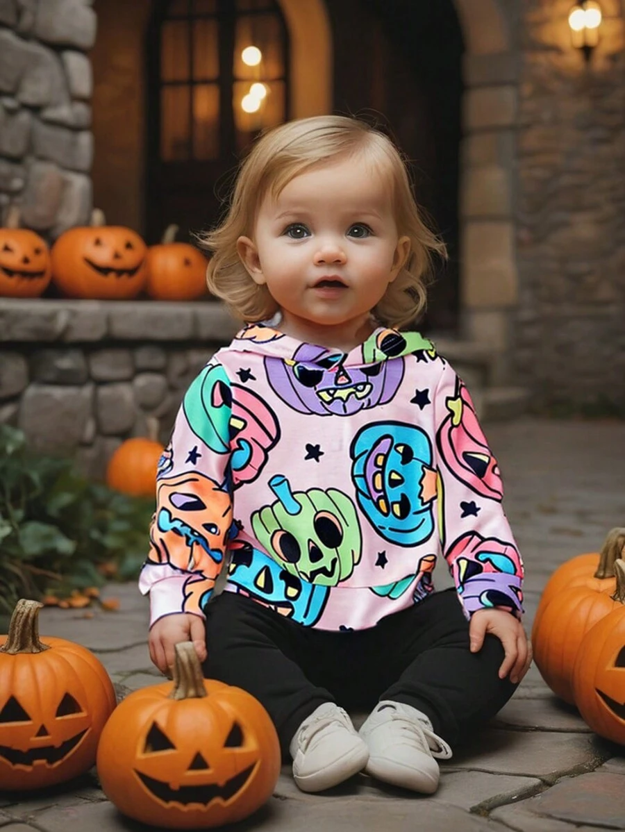 SHEIN Playful Pals Baby Mädchen Übergrößer Kürbis Drucken Lustiger Stylischer Kapuzenpullover für Halloween