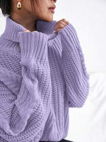 Cloudara Jersey de cuello tortuga de hombros caídos tejido de cable - Púrpura malva - Ver 4