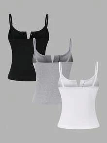 Chiquease Bộ 3 áo hai dây cổ vuông, nửa xếp ly dành cho nữ - Nhiều màu - Xem 2