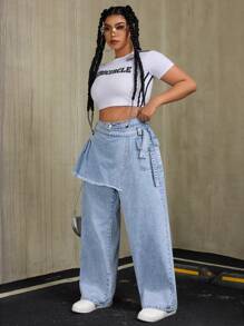 SHEIN ICON Plus Size Women's Wide Leg Loose Washed Baggy Jeans With Side Button Design - Light Wash - View 4