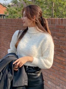 DAZY 女士蓬松高领保暖套头衫、长袖上衣、秋季女装 - 白色 - 查看 7