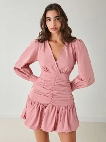 Enchnt Vestido midi elegante ajustado de manga larga y cuello en V con fruncido para mujeres