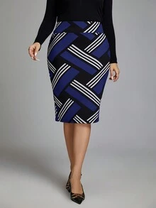 SHEIN Clasi Falda lápiz elegante de talle alto a rayas para mujer de talla grande - Azul Marino - Ver 3