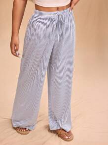 Forever 21 大码女式休闲百搭宽松松紧腰条纹针织裤 - 藍白色 - 查看 10