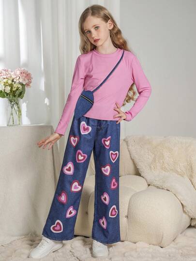 SHEIN Conjunto de 2 peças entre meninas adolescentes na moda casual coração estampado manga comprida e calças com bolsa