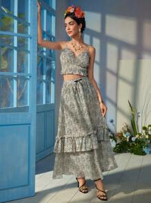 Frida Kahlo X SHEIN X Designer VALERIA GALIPOLI 黑白花卉印花荷叶边下摆透视裙，内置短裤