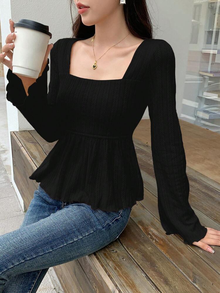 Women's Square Neck Long Sleeve Simple Casual Solid Color Soft T-Shirt,Fall Clothes,Back To School Clothes Cute Tops Babydoll Top