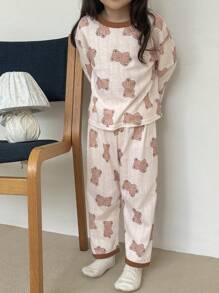 DAZY 2 peças de blusa e calça de manga comprida com estampa de urso de desenho animado para meninas jovens, roupa casual, primavera outono
