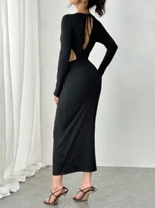 Chiquease 25 piezas o talla grande Vestido casual elegante y sexy con diseño floral 3D sin espalda para fiesta - Negro - Ver 2