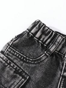 SHEIN Young Girls' 3D Cargo Multiple Pocket Cute & Denim Shorts, School, Campus, College Summer Holiday - Black - View 6