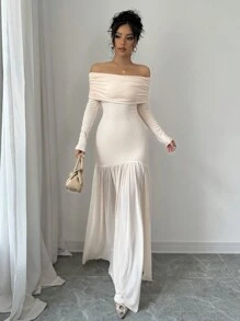 Selianne 女士纯色露肩长袖开衩褶皱连衣裙长款女装 - 杏色 - 查看 4
