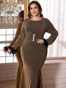 Modelyn Plus Size Elegant Shiny Slit Mermaid Hem Dress, Spring & Fall Clothes