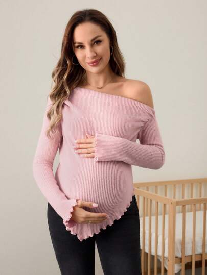 SHEIN Camisa de manga larga con cuello asimétrico, dobladillo de lechuga y fruncido para maternidad, para otoño e invierno