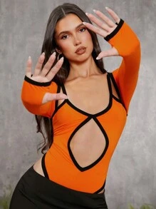 evoluSHEIN X Anitta VICTOR VON SCHWARZ Designer Contrasted Binding Cut-Outs Thumb Hole Long Sleeve Bodysuit, Holiday, Thanksgiving, Spring & Summer, Festival