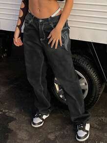 女士修身刺绣黑色直筒裤 休闲春季款 - 黑色 - 查看 4