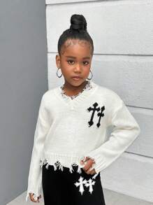 SHEIN Jersey de punto con cuello redondo de manga larga informal para niñas preadolescentes, otoño/invierno - Blanco - Ver 2