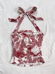 Soleia Damen Resort Oberteil mit Trägerhals, gewebter Korb, weißer Retro Muster, plissierter Camisole-Stil - Rot - Übersicht 2
