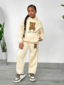 SHEIN Set de 2 piezas de sudadera y pantalón de chándal casual con estampado de osito para niñas preadolescentes - Beis - Ver 6