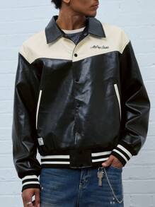 Manfinity VCAY Men's Embroidery Loose Collar Long Sleeve Woven Jacket, For Fall Winter - Black - View 4