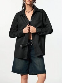 SHEIN EZwear أزياء فاخرة للحفلات بلوزات برقائق منسوجة - الأسود - مشاهدة 4