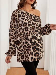 SHEIN Pregnant Women's Casual Asymmetric Collar Lantern Sleeve Loose Fit Leopard Print Blouse, Spring Summer, For Maternity - Brown - View 5