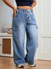 SHEIN EZwear Plus Size Vrouwen Trekkoord Taille Cargo Zak Wijde Pijpen Relaxed Casual Baggy Jeans