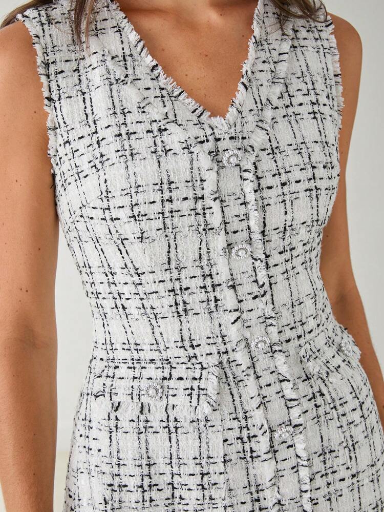 Autumn New Romantic Women's Elegant Plaid Sleeveless Front Button Cute Tweed Dress, Autumn And Winter Dress